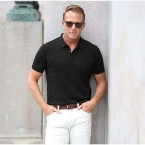 NWT Collars and Co The Maranello Cotton & Silk Retro Stripe Polo Black Large